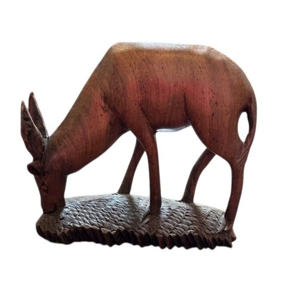 Hand-Carved Wooden Grazing Deer Figurine Sculpture - Picture 1 of 9